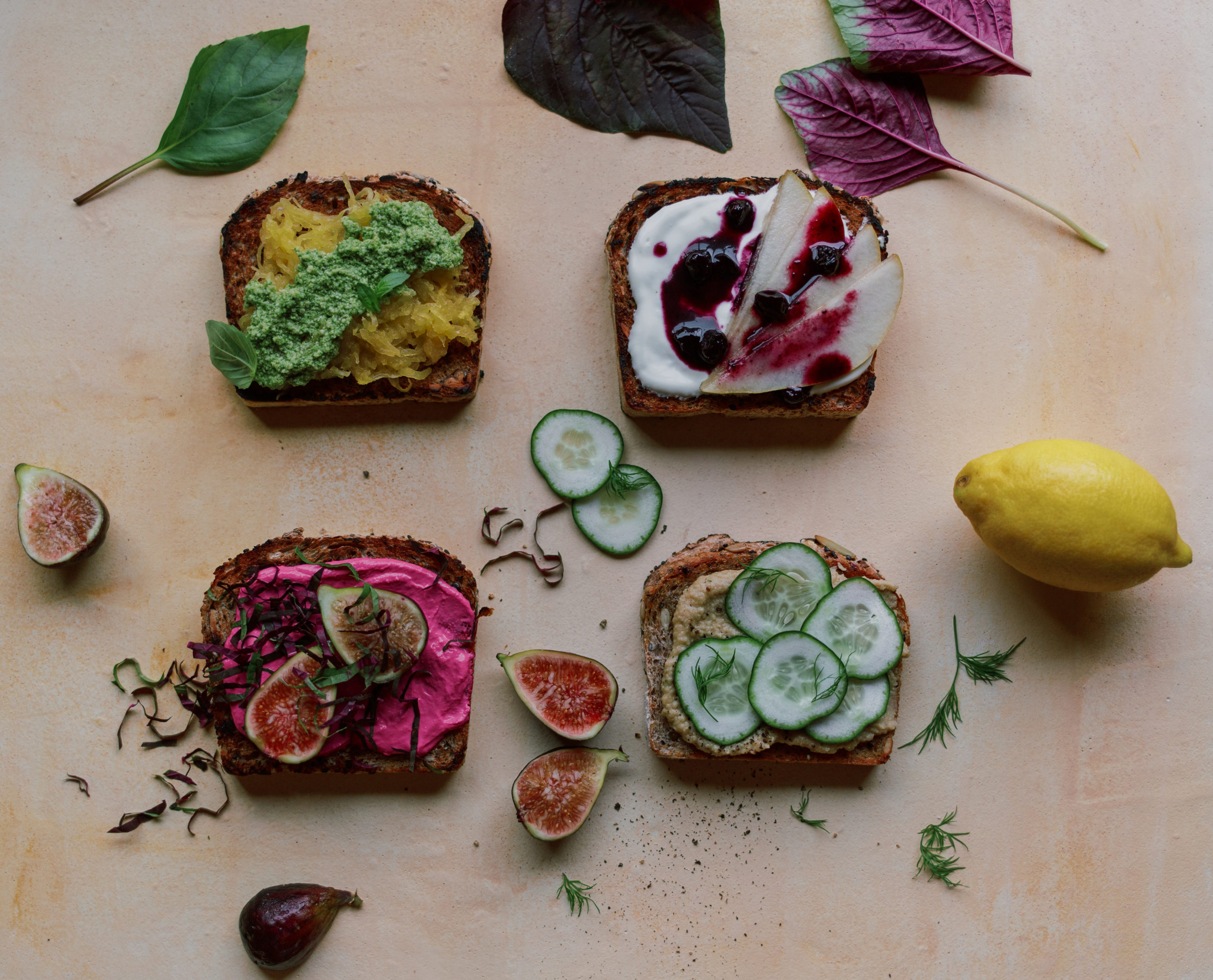 Open faced toasts medley including lemon dill hummus, goat cheese with beet juice and figs, vegan pesto, and tangy yogurt with blueberries and pears.