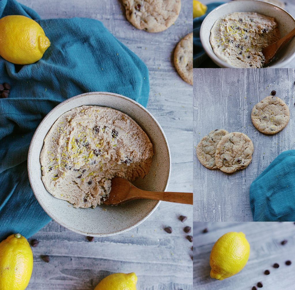 Assorted photos of lemon and chocolate chunks, cookies, and a blue towel in a clay fired bowl on a cement counter top. 