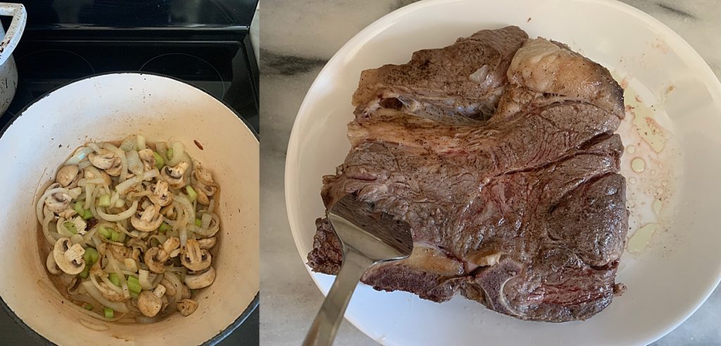beef chuck blade roast that's been seared on both sides, with yellow onion, white mushroom, and celery in a dutch oven