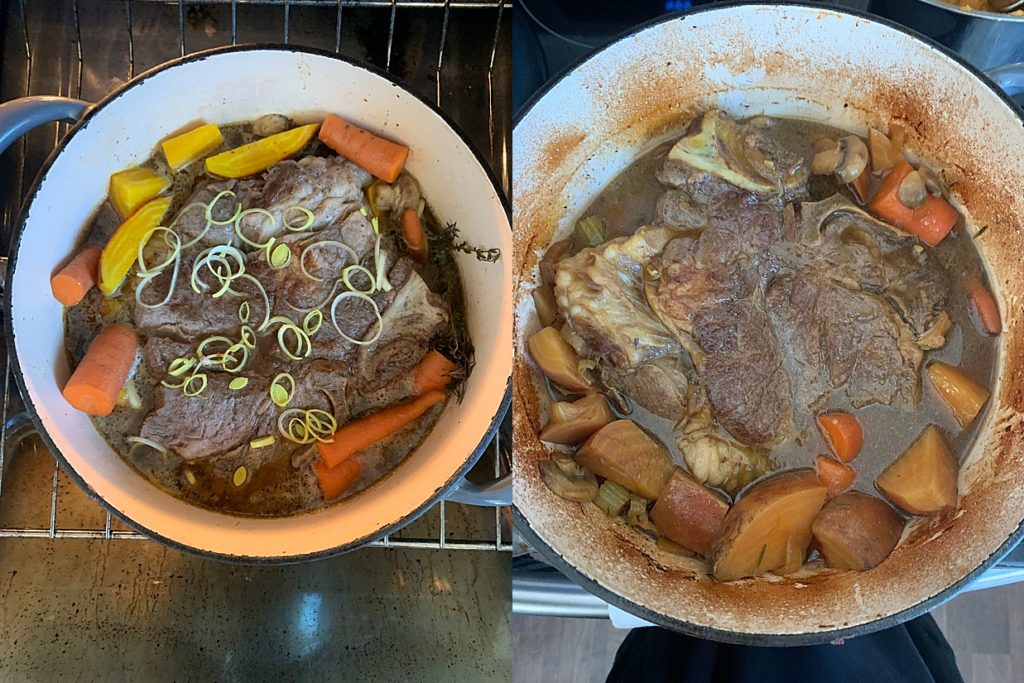 Beef Chuck Roast with golden beets and carrots in a dutch oven, before roasting, and halfway through roasting